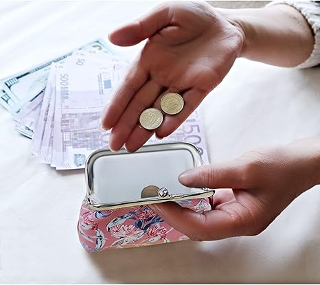 2 Pcs Faux Leather Coin Purse for Women with Kiss Lock, Floral Pattern Change and Coin Wallet Double Clasp Closure Mini Wallet for Cash Key (Blue+Dark Pink)