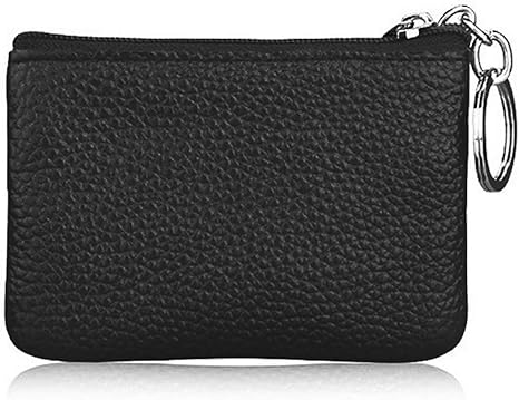 Black Small Leather Coin Purse Change Pouch for Women Men Kids with Zip Key Ring