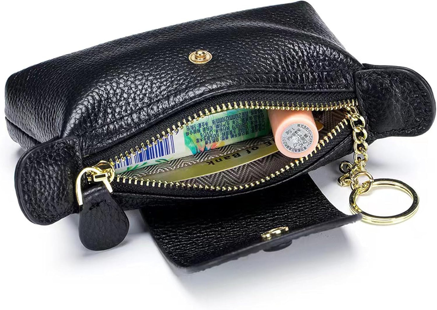 Women's Leather Coin Purse with KeyChain, Small Leather Pouch with Zipper for Women Fashionable Wallet Leather Classic Money Bag(Black)