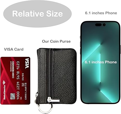Black Small Leather Coin Purse Change Pouch for Women Men Kids with Zip Key Ring