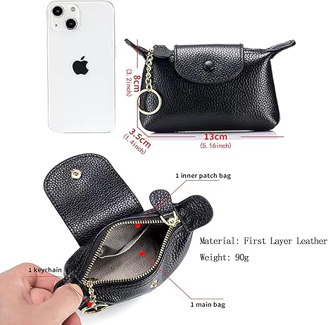 Women's Leather Coin Purse with KeyChain, Small Leather Pouch with Zipper for Women Fashionable Wallet Leather Classic Money Bag(Black)