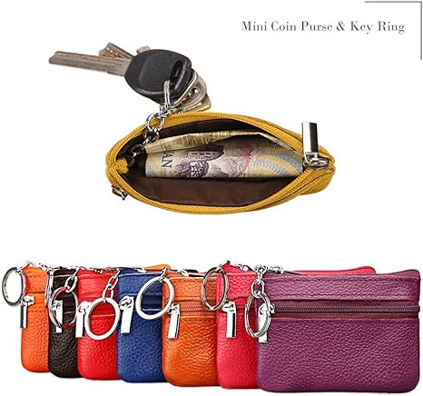 Black Small Leather Coin Purse Change Pouch for Women Men Kids with Zip Key Ring