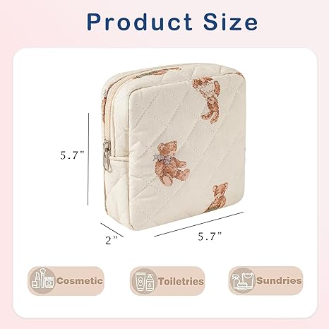 Small Quilted Cotton Makeup Bag for Purse, Cosmetic Bag with Compartments, Cotton Aesthetic Makeup Bag, Travel Toiletry Pouch, Key Pocket Lipstick Bag Card Holder Data Cable Organizer(01White Bear)
