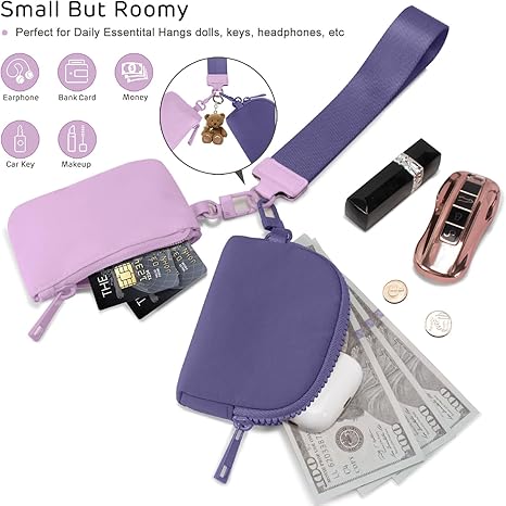 Mini Zip Around Keychain Wristlet Wallets Small Portable Dual Pounch Wristlet Detachable Coin Purse Pocket Gifts for Women Travel Sports Outdoors (Lavender+Purple)