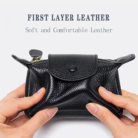 Women's Leather Coin Purse with KeyChain, Small Leather Pouch with Zipper for Women Fashionable Wallet Leather Classic Money Bag(Black)