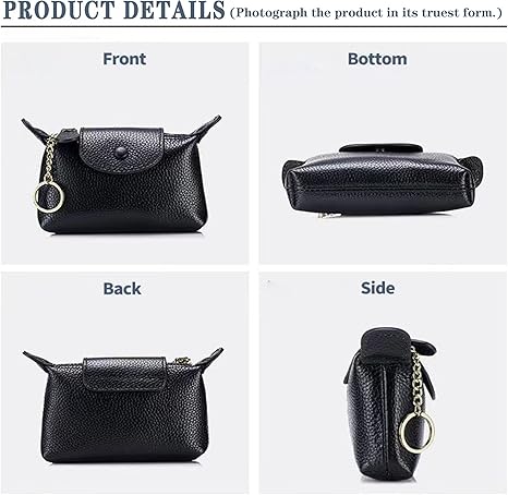 Women's Leather Coin Purse with KeyChain, Small Leather Pouch with Zipper for Women Fashionable Wallet Leather Classic Money Bag(Black)