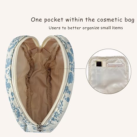 Small Quilted Cotton Makeup Bag for Purse, Cosmetic Bag with Compartments, Cotton Aesthetic Makeup Bag, Travel Toiletry Pouch, Key Pocket Lipstick Bag Card Holder Data Cable Organizer(01White Bear)
