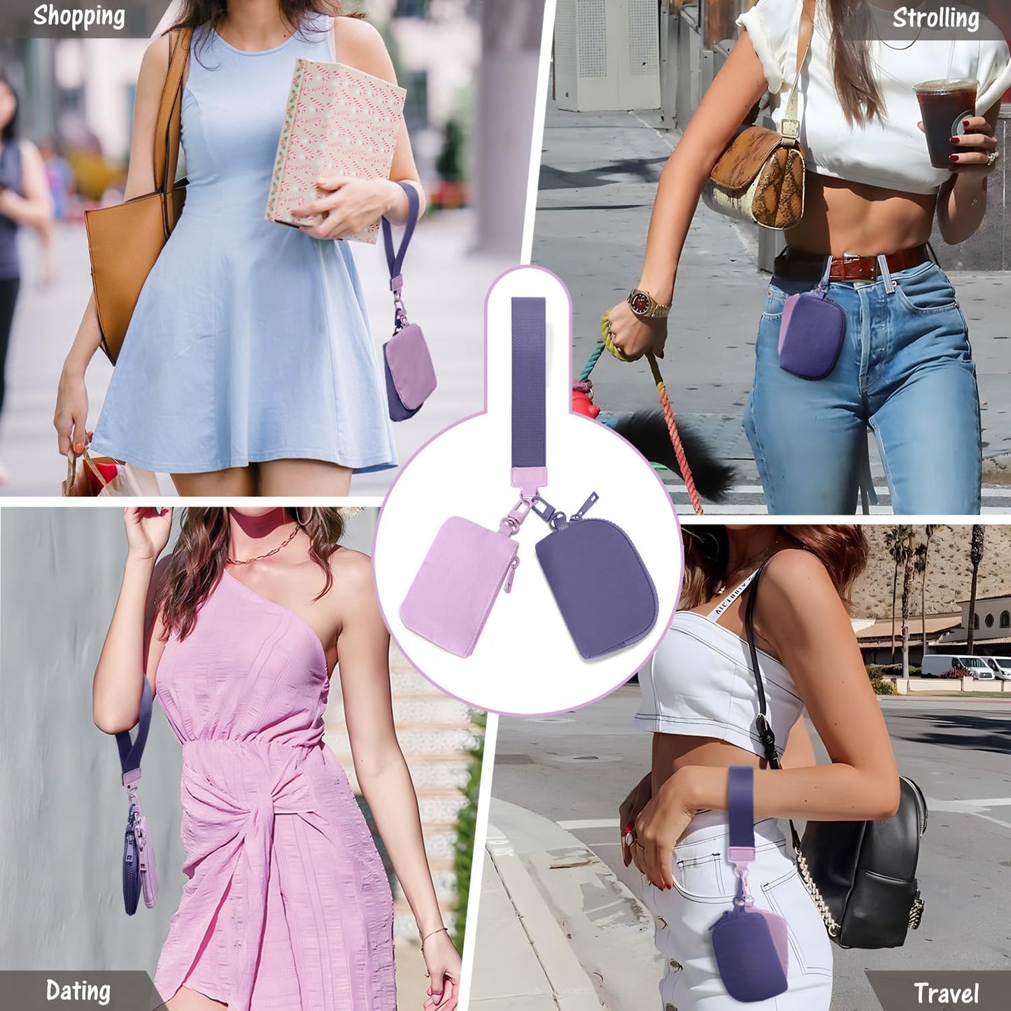Mini Zip Around Keychain Wristlet Wallets Small Portable Dual Pounch Wristlet Detachable Coin Purse Pocket Gifts for Women Travel Sports Outdoors (Lavender+Purple)