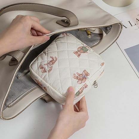 Small Quilted Cotton Makeup Bag for Purse, Cosmetic Bag with Compartments, Cotton Aesthetic Makeup Bag, Travel Toiletry Pouch, Key Pocket Lipstick Bag Card Holder Data Cable Organizer(01White Bear)