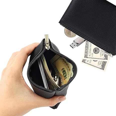 2 Pack Leather Zipper Coin Purse, Portable PU Leather Coin Purse,Mini Coin Pocket Pouch Change Holder, Coin Pouch with Zipper for Men Women Headset Credit Card ID Key Lipstick (Black)