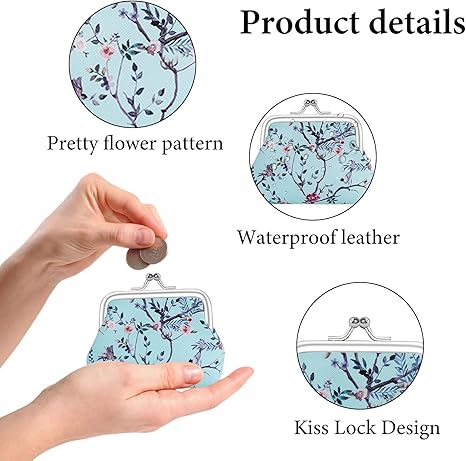 2 Pcs Faux Leather Coin Purse for Women with Kiss Lock, Floral Pattern Change and Coin Wallet Double Clasp Closure Mini Wallet for Cash Key (Blue+Dark Pink)