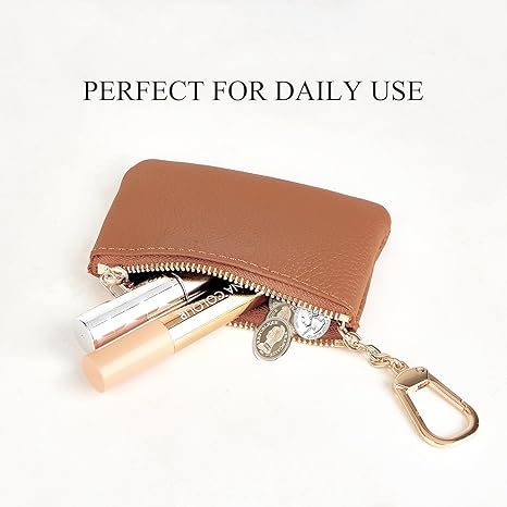 Full Grain Leather Coin Purse with Key Chain - Small Change Purse Keychain Card Holder Keychain Pouch Small Keychain Wallet for Women and Men (Brown)