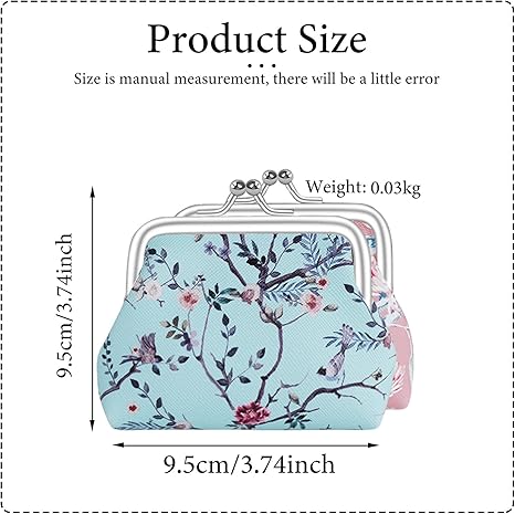 2 Pcs Faux Leather Coin Purse for Women with Kiss Lock, Floral Pattern Change and Coin Wallet Double Clasp Closure Mini Wallet for Cash Key (Blue+Dark Pink)