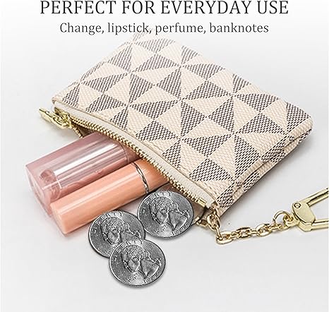 Coin Purse Change Mini Purse Wallet With Key Chain Ring Zipper for Men Women Fashionable Bag Key Chain Pendant Leather Classic Clutch Purse(White), CP-White