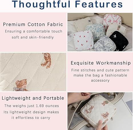 Small Quilted Cotton Makeup Bag for Purse, Cosmetic Bag with Compartments, Cotton Aesthetic Makeup Bag, Travel Toiletry Pouch, Key Pocket Lipstick Bag Card Holder Data Cable Organizer(01White Bear)
