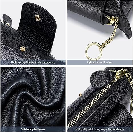 Women's Leather Coin Purse with KeyChain, Small Leather Pouch with Zipper for Women Fashionable Wallet Leather Classic Money Bag(Black)