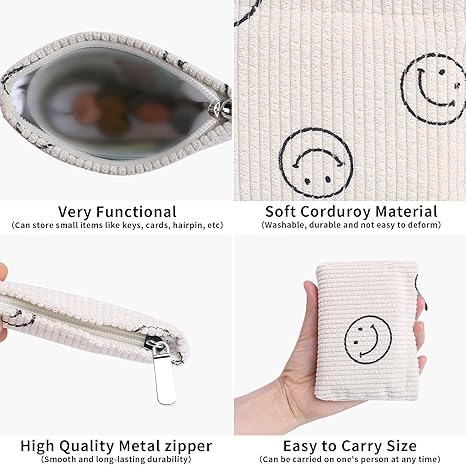 2 Pack Coin Purse, Soft Corduroy Purse Pouch with Zipper Cute Smiley Face Coin Purse Mini Change Purse Pouch for Pocket, Small Pouch for Women Credit Card Key Lipstick Holder
