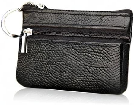 Black Small Leather Coin Purse Change Pouch for Women Men Kids with Zip Key Ring