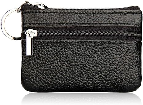 Black Small Leather Coin Purse Change Pouch for Women Men Kids with Zip Key Ring