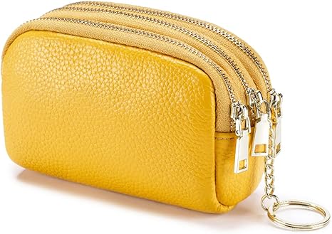 Zippered Genuine Leather Coin Purse Triple Capacity Change Pouch Little Travel Wallet With Key Ring for Women