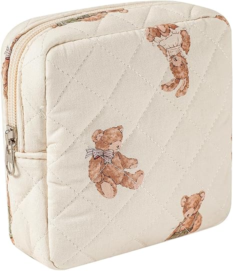 Small Quilted Cotton Makeup Bag for Purse, Cosmetic Bag with Compartments, Cotton Aesthetic Makeup Bag, Travel Toiletry Pouch, Key Pocket Lipstick Bag Card Holder Data Cable Organizer（01White Bear）