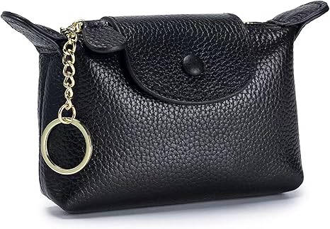 Women's Leather Coin Purse with KeyChain, Small Leather Pouch with Zipper for Women Fashionable Wallet Leather Classic Money Bag(Black)