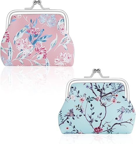 2 Pcs Faux Leather Coin Purse for Women with Kiss Lock, Floral Pattern Change and Coin Wallet Double Clasp Closure Mini Wallet for Cash Key (Blue+Dark Pink)